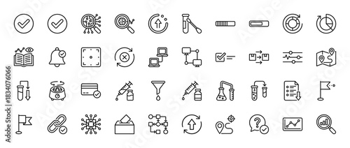 Business and science outline icon set. Vector pictograms of research, flowcharts, testing, data analysis, and delivery, thin linear illustration.