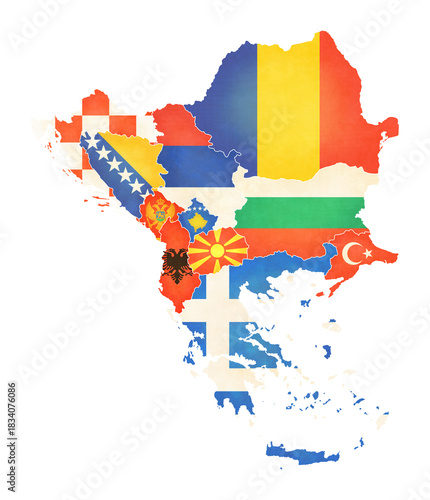 Photography Isolated map of Balkan countries with flags in soft grunge and vintage style