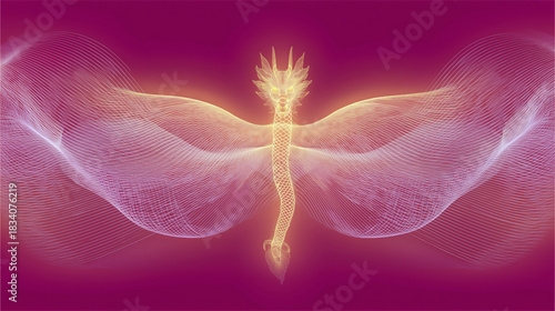 Abstract glowing dragonfly shape formed of luminous digital waves on a magenta background, symbolizing transformation, lightness, energy flow and modern artistic expression.