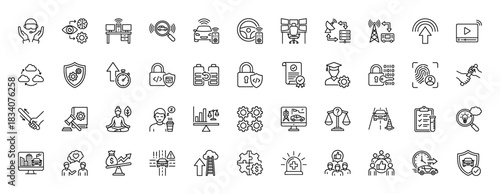 Smart car and self-driving technology line icon set. Vector pictograms of autonomous vehicle, artificial intelligence, safety, and data security, thin linear illustration.