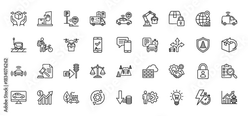 Logistics and smart delivery line icon set. Vector pictograms of shipping, transport, tracking, and warehouse automation, thin linear illustration.
