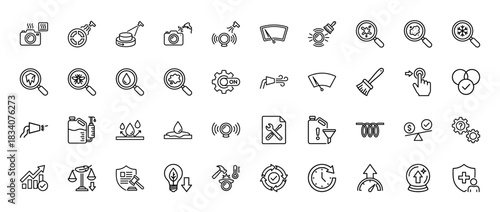 Technical support and diagnostic line icon set. Vector pictograms of camera, gear, wiper, fluid, security, and magnifying glass, thin linear illustration.
