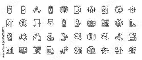 Battery technology line icon set. Vector pictograms of lithium, sodium, recycling, charging, energy storage, and electric vehicle power, thin linear illustration.