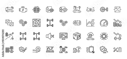 Automotive engineering and electric vehicle line icon set. Vector pictograms of batteries, charging, engines, chassis, and efficiency, thin linear illustration.