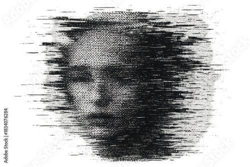 Glitching human face with distorted digital noise and static effect symbolizing data corruption or identity crisis