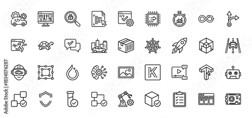 Technology and development line icon set. Vector pictograms of coding, testing, artificial intelligence, and automation, thin linear illustration.