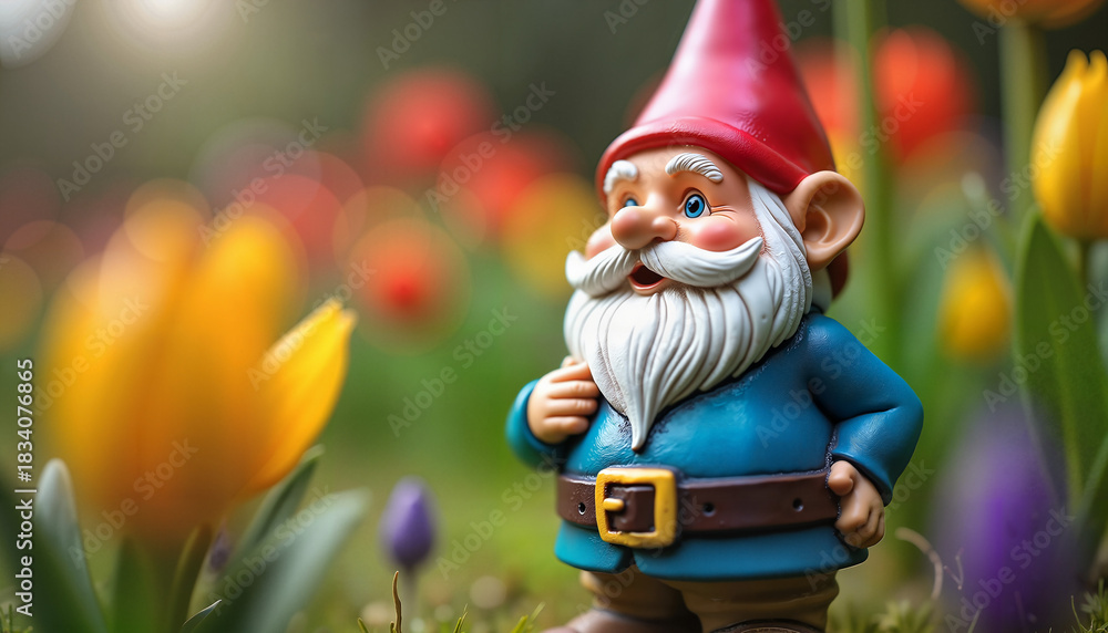 Obraz premium Garden gnome standing among colorful tulips in spring garden 