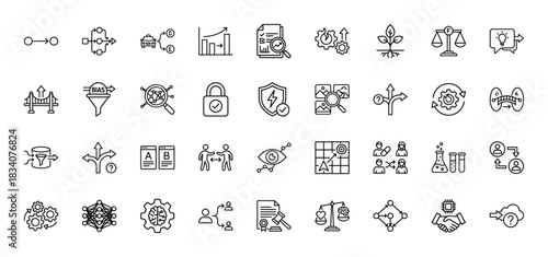 Data science and artificial intelligence line icon set. Vector pictograms of machine learning, research, analytics, and business strategy, thin linear illustration.