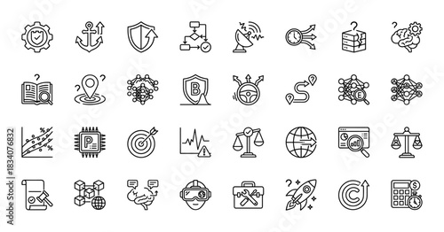 Technology and business line icon set. Vector pictograms of machine learning, security, strategy, data, and analysis, thin linear illustration.