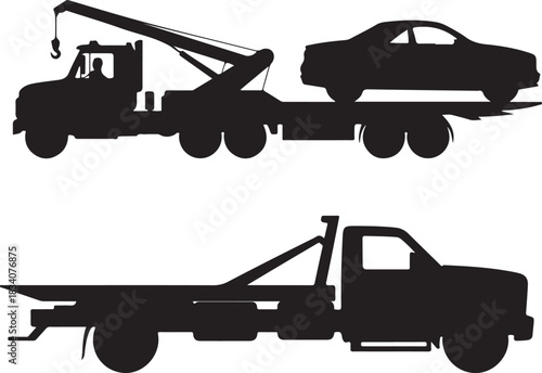 Tow Truck Silhouette with Car and Flatbed Truck for Recovery and Transportation Services and Industry Use for Title Writing 130 Char