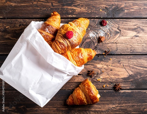 Freshly baked croissants in a paper bag on a rustic wooden table top view
