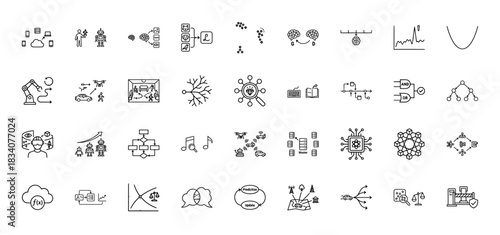 Artificial intelligence and machine learning line icon set. Vector pictograms of robotics, data analysis, neural networks, and decision trees, thin linear illustration.