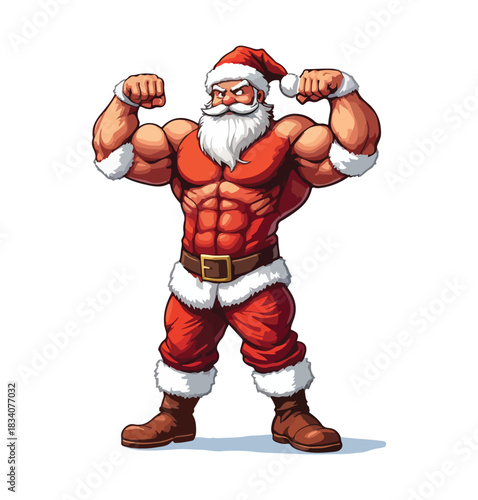 A strong, muscular Santa Claus, shirtless with a six-pack, flexes his bicep while carrying a sack of presents, ready for a fit Christmas celebration.