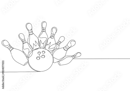 Dynamic single continuous line art drawing style of a bowling ball striking pins, a captivating illustration for sports and leisure activities