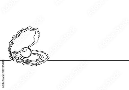 Elegant Continuous Line Art Drawing Style of an Open Oyster with a Shiny Pearl Inside, Minimalist Vector Illustration