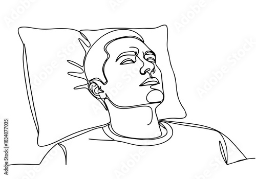 Continuous line art drawing style illustration of a man resting peacefully on a pillow, minimalist graphic design