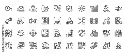 Business and technology line icon set. Vector pictograms of time, security, data, global network, and finance, thin linear illustration.