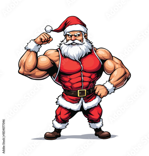 A strong, muscular Santa Claus, shirtless with a six-pack, flexes his bicep while carrying a sack of presents, ready for a fit Christmas celebration.