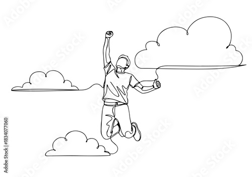Dynamic continuous line art drawing style illustrating a person's triumphant leap among clouds