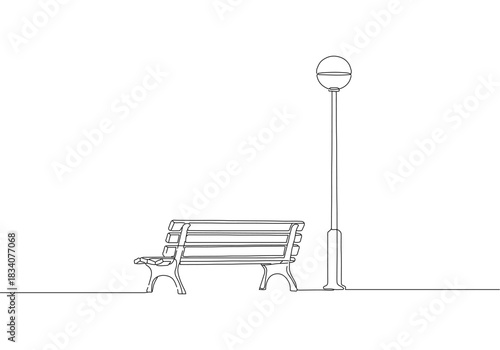 A sleek graphic continuous line art drawing style depicting a solitary park bench and a street lamppost silhouette