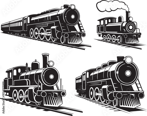 Steam Train Silhouette Set Featuring Vintage Locomotives and Railway Transport for Historical Projects within 130 Char Limit