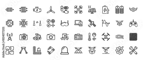 Drone and technology line icon set. Vector pictograms of batteries, motor, propeller, camera, and satellite, thin linear illustration.
