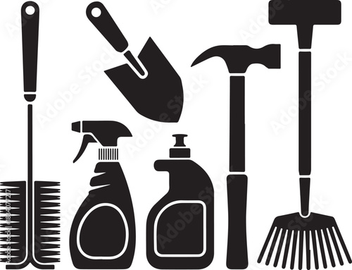 Collection of black house cleaning items isolated on transparent backdrop featuring cleaning tools like brush shovel and sprays in vector format
