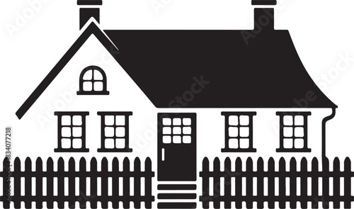 House Vector Illustration with Cottage Silhouette and Fence, Architectural Family Residence to Create Comfortable Home or Real Estate Background