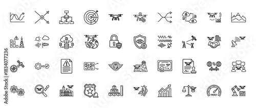 Drone and remote sensing line icon set. Vector pictograms of satellite, target, cloud data, police, and security, thin linear illustration.