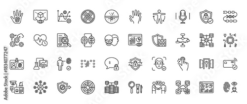 Biometrics and security line icon set. Vector pictograms of fingerprint, retina, data, shield, privacy, and identity, thin linear illustration.