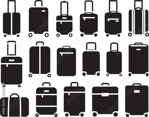 Series of black luggage illustrations on transparent background featuring suitcases bags and travel containers in vector graphics suitable for print