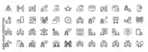 Autonomous delivery robot services line icon set. vector pictograms of logistics, transportation, tracking, and warehouse automation, thin linear illustration.