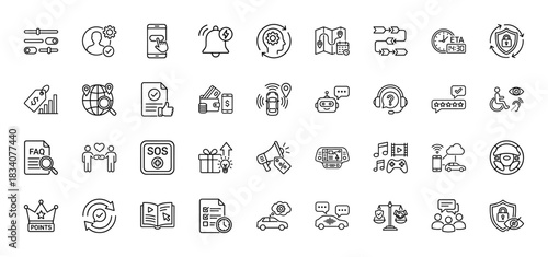 Automotive and technology line icon set. Vector pictograms of settings, user, map, car tracking, and service, thin linear illustration.