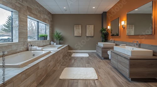 Professional washroom in a corporate setting with modern design elements neutral tones efficient layout and thoughtful amenities creating a welcoming atmosphere