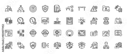 Autonomous driving and vehicle technology line icon set. Vector pictograms of sensors, lidar, algorithm, simulation, insurance, legal, and gps, thin linear illustration.