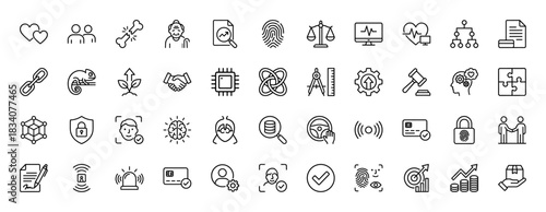 Technology and security line icon set. Vector pictograms of biometric scan, data analysis, blockchain, and finance, thin linear illustration.