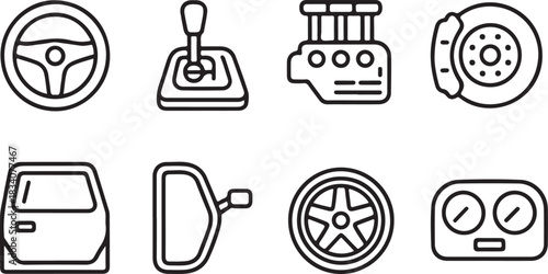 Set of Car Parts Line Style Vector Illustration Steering Wheel Gear Shift Engine Brake Disc Door Side Mirror Tire Gauge Icon