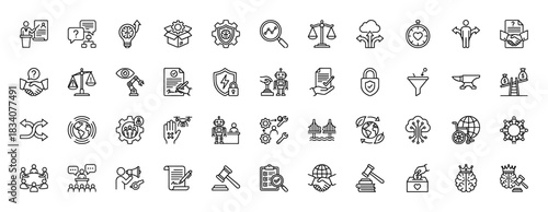 Ethical technology and regulation line icon set. Vector pictograms of robotics, law, security, and global issues, thin linear illustration.