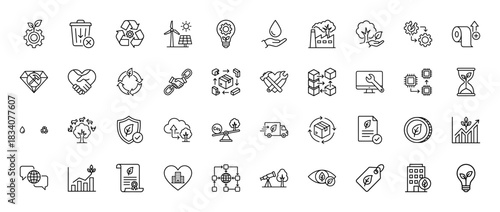 Ecology and sustainability line icon set. Vector pictograms of recycling, green energy, carbon footprint, nature conservation, eco technology, thin linear illustration.