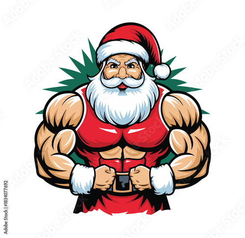 A strong, muscular Santa Claus, shirtless with a six-pack, flexes his bicep while carrying a sack of presents, ready for a fit Christmas celebration.