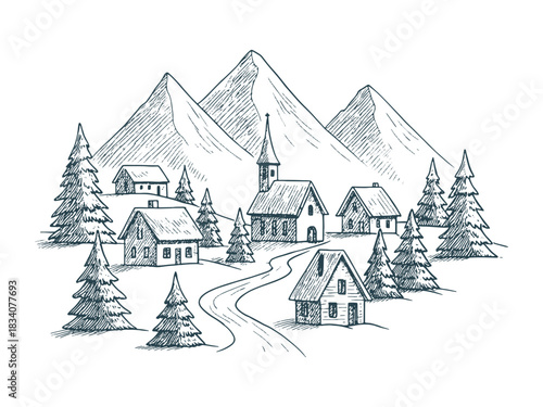 Detailed winter village vector illustration in monochrome sketch style, showcasing snowy houses, mountains, and evergreen trees, perfect for holiday scenes, prints, and seasonal storytelling visuals.