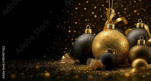 Luxurious Christmas background, macro photography of textured gold and matte black Christmas baubles, elegant arrangement, scattered gold dust and sequins, deep depth of field, cinematic lighting, dar