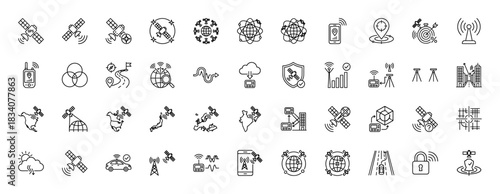 Global navigation satellite systems line icon set. Vector pictograms of satellite, communication, cloud, signal, location, and network, thin linear illustration.