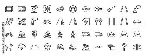 Autonomous vehicle and driving assistance line icon set. Vector pictograms of cars, traffic signs, bicycles, and weather conditions, thin linear illustration.