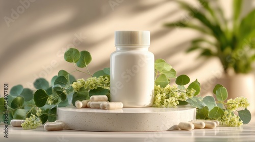 A white bottle with health supplements sits on a stone platform. Surrounding the bottle are green leaves and capsules. The light creates soft shadows, enhancing the natural setting