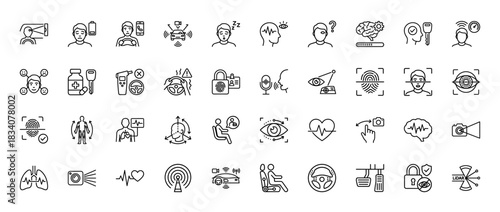 Automotive biometrics and driver safety line icon set. Vector pictograms of drowsiness, eye tracking, fingerprint, and vital signs, thin linear illustration.