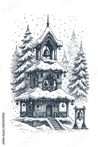 Black and white vector illustration of a gothic castle in a snowy forest, combining detailed linework and fantasy atmosphere, ideal for prints, posters, and winter-themed designs.