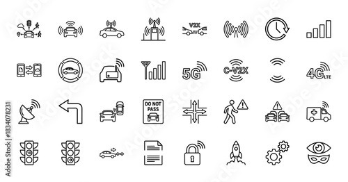 Automotive technology line icon set. Vector pictograms of connected cars, V2X communication, 5G, C-V2X, and safety warnings, thin linear illustration.