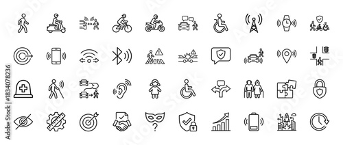 Smart technology and accessibility line icon set. Vector pictograms of pedestrians, vehicles, wireless signals, and safety concepts, thin linear illustration.