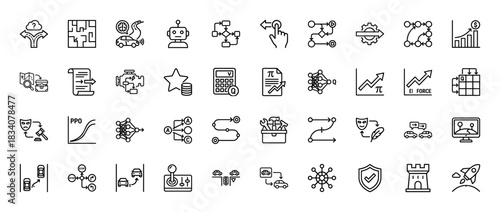 Artificial intelligence line icon set. Vector pictograms of decision-making, pathfinding, self-driving cars, and machine learning, thin linear illustration.